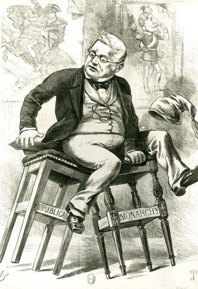 Caricature of Adolphe Thiers (1797-1877) between two stools, illustration from 